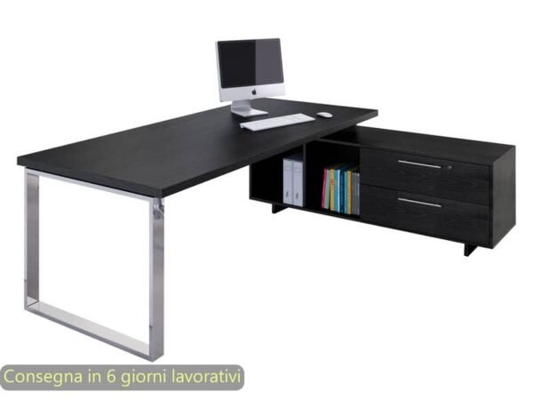 Scrivania manageriale nero venato frassino 195x170x74 cm gamba ad anello con mobile portante Flora - 901RIT/M/8