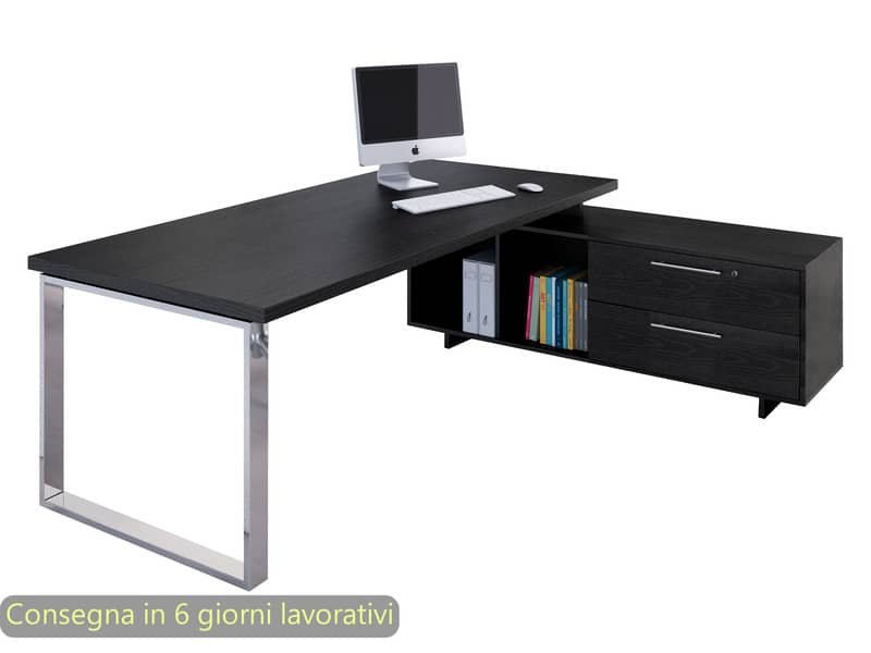 Scrivania manageriale nero venato 225x170xH.74 cm gamba ad anello con mobile portante Flora – 902RIT/M/8