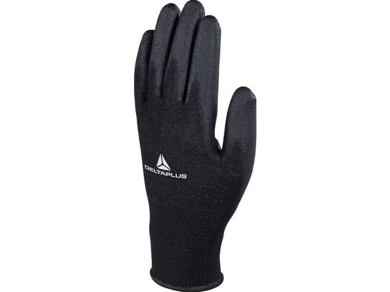 Guanti da lavoro Delta Plus in maglia di poliestere con palmo in poliuretano nero taglia 7  conf. 12 pezzi – VE702PN07