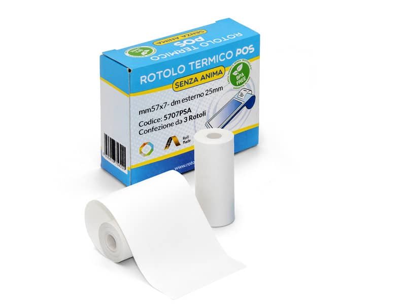 Rotoli POS Rotolificio Pugliese BPA Free Exclusive senza anima 57 mm x 7 m – d. 25 mm – conf. 3 rotoli – 5707PSA