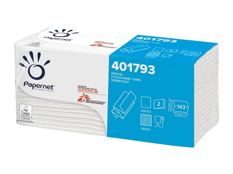 Asciugamani interfogliati piegati a Z Papernet 2 veli – 23×23,5 cm – bianco – fascetta da 143 fogli – 401793