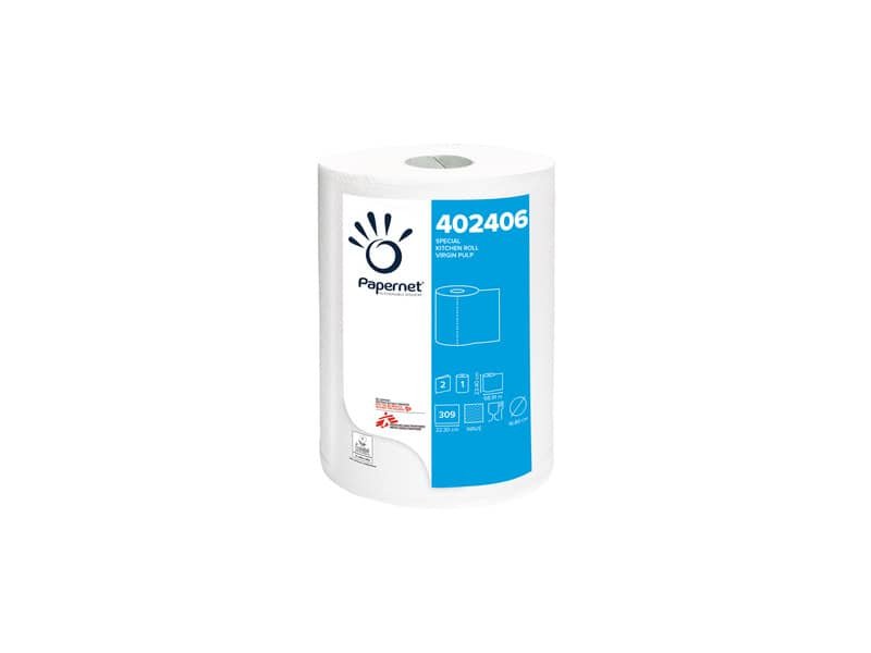 Asciugatutto Papernet a 2 veli – strappo – 23,4×22,3 cm rotolo 309 strappi – 402406