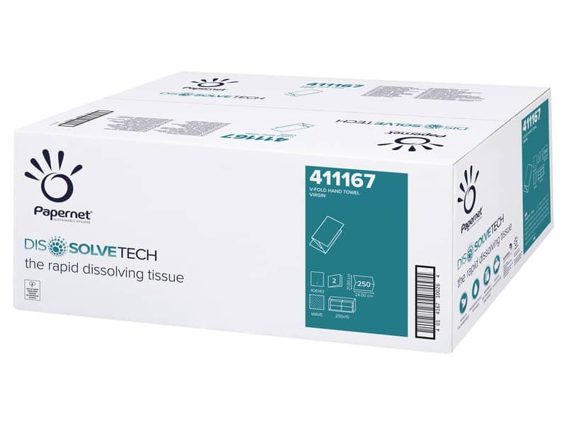 Asciugamani interfogliati piegati a V Papernet Dissolve Tech – 2 veli 24×21 cm Conf. 15 fascette da 250 pezzi – 411167