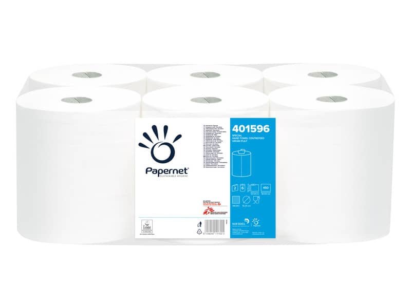 Asciugamani in Rotolo a devolgimento Papernet – 450 strappi – 2 veli – 19,7×30,5 cm – Conf. 6 pezzi – 401596