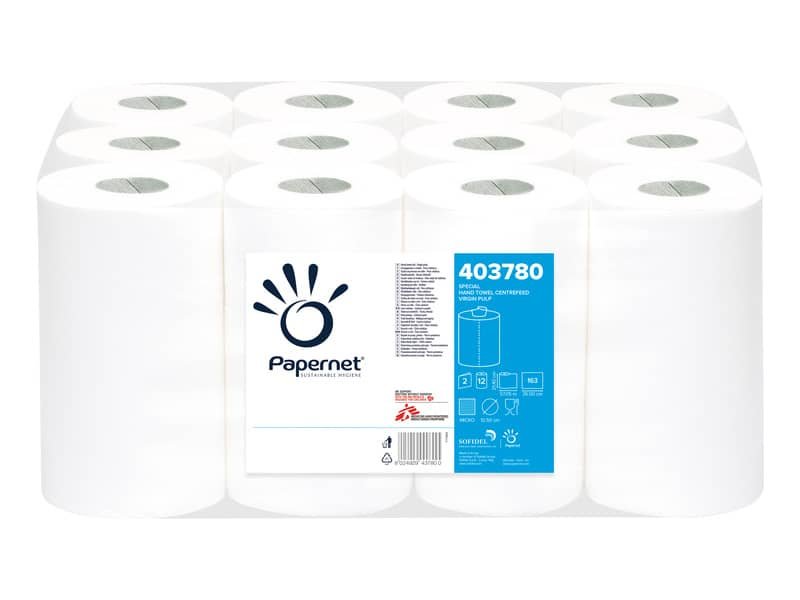Asciugamani in Rotolo a devolgimento Papernet – 163 strappi – 2 veli – 21,4×35 cm – Conf. 12 pezzi – 403780