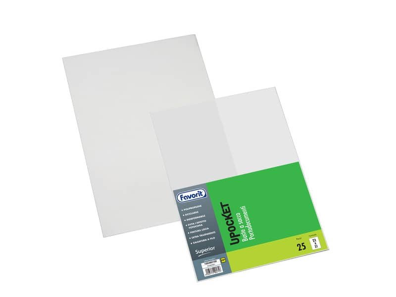 Buste trasparenti a sacco FAVORIT Upocket liscia superior 21×31 cm conf. da 25 – 100460100