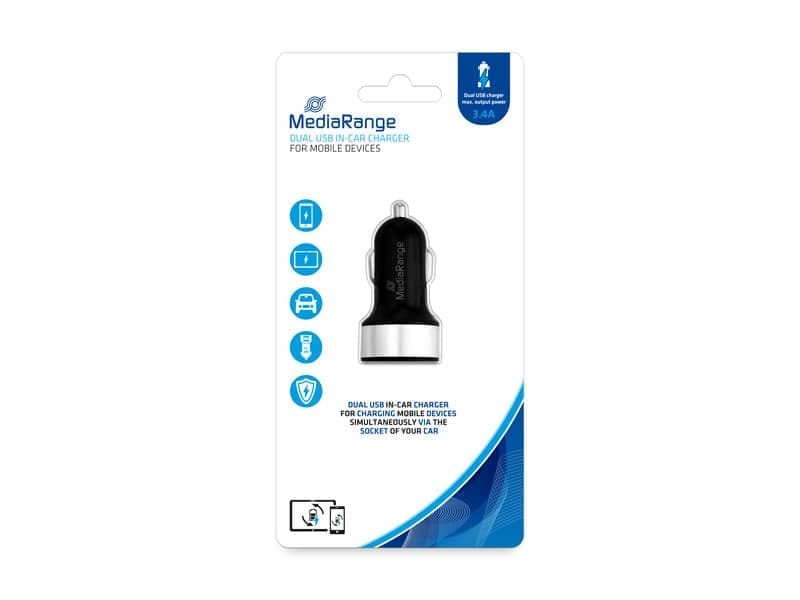 Caricabatteria per auto Media Range 3.4A dual USB nero/argento MRMA103-02