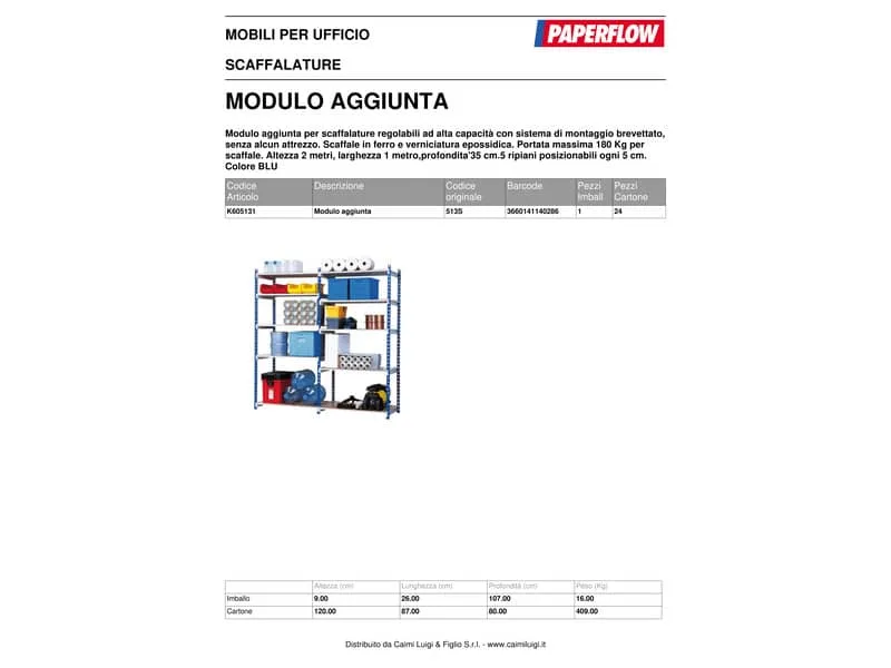 Modulo aggiuntivo scaffalatura Paperflow RANG’ECO regolabile 100x34x200 cm – 5 ripiani blu – K605131