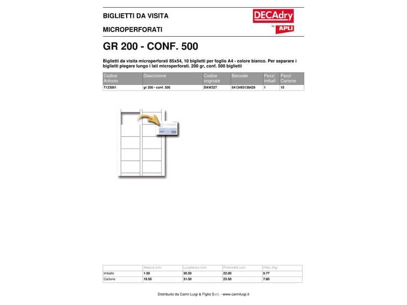 Biglietti da visita Decadry microperforati 85×54 mm. Fogli A4 bianco Conf. 500 biglietti – T123001