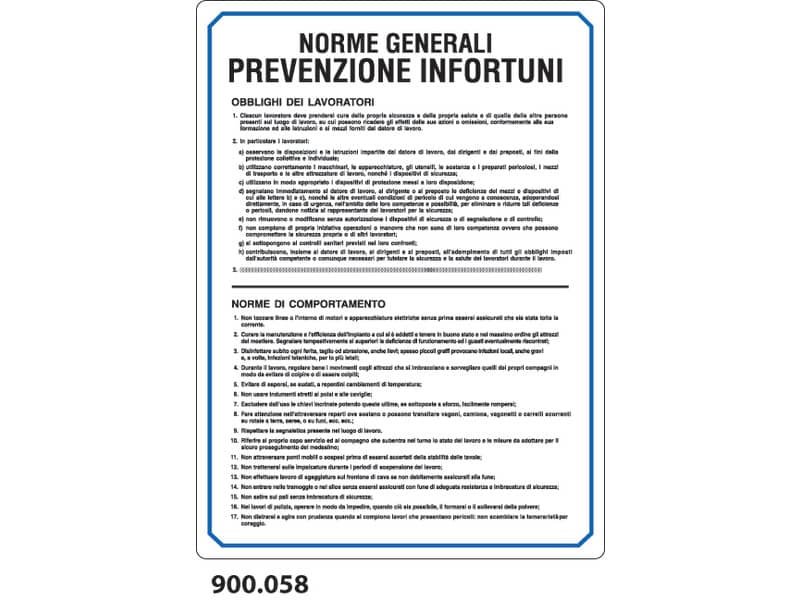 Cartello normativo ”Norme generali prevenzione infortuni” Dixon Industries 33×47 cm – 900.058