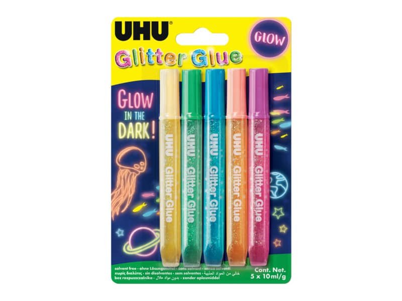 Colla Glitter Uhu Glow in the dark -10 ml – colori assortiti – Confezione da 5 pezzi – 48211