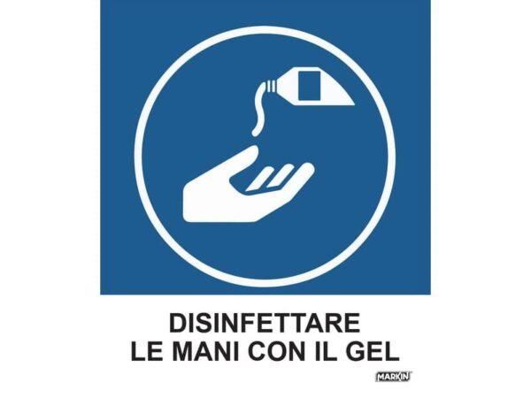 Adesivo segnaletico Markin ''Disinfettare le mani con il gel'' in LWM - 12,5x15,2 cm - Conf. 2 pezzi - X110COV-5