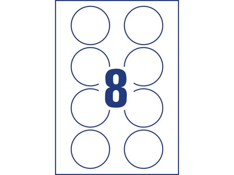 Badge adesivi per tessuti rotondi Avery  65 mm – 8 et/foglio – stampanti laser Conf. 20 fogli – L4881-20