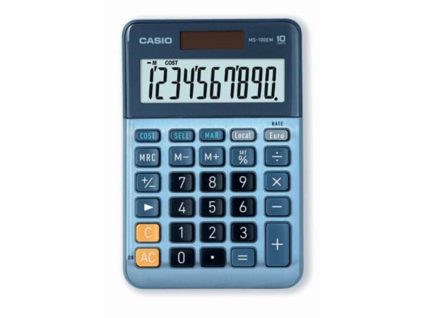 Calcolatrice da tavolo Casio MS-100EM-W-EP - blu - solare e batteria display 10 cifre