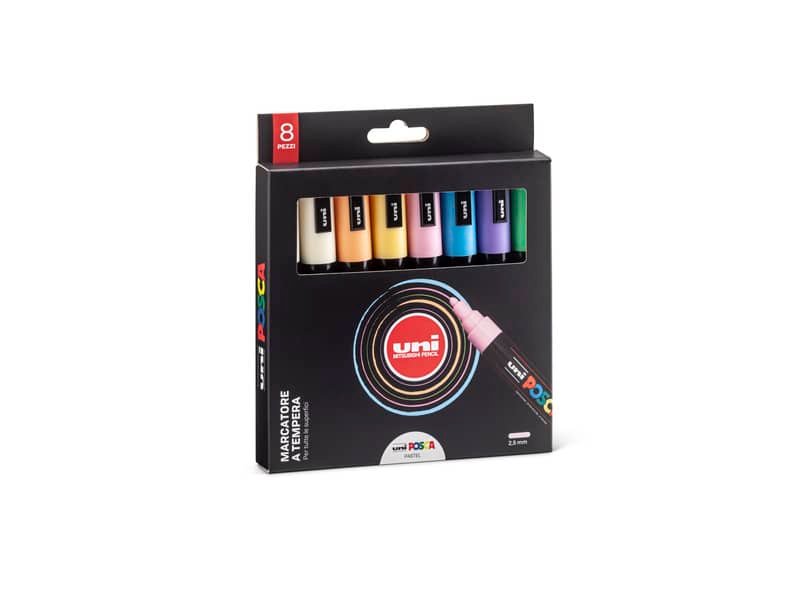 Marcatore a tempera inchiostro Uni Posca punta tonda – 1,8-2,5 mm colori assortiti pastello cf. 8 pz – M PC5MP 8P