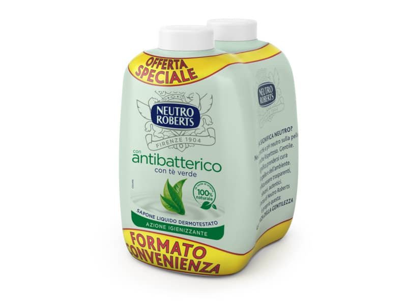 Ricarica sapone Neutro Roberts Antibatterico con tŠ verde – 200 ml Conf 2 pezzi – R908765