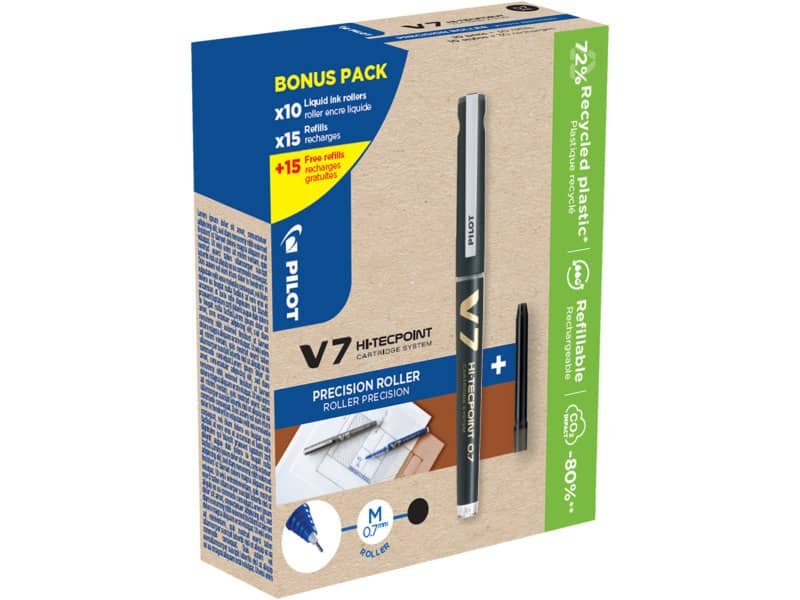 Roller Pilot Hi-Techpoint V7 Begreen 0,7 mm nero Green Pack 10 penne + 30 refill (15 omaggio) – 000027