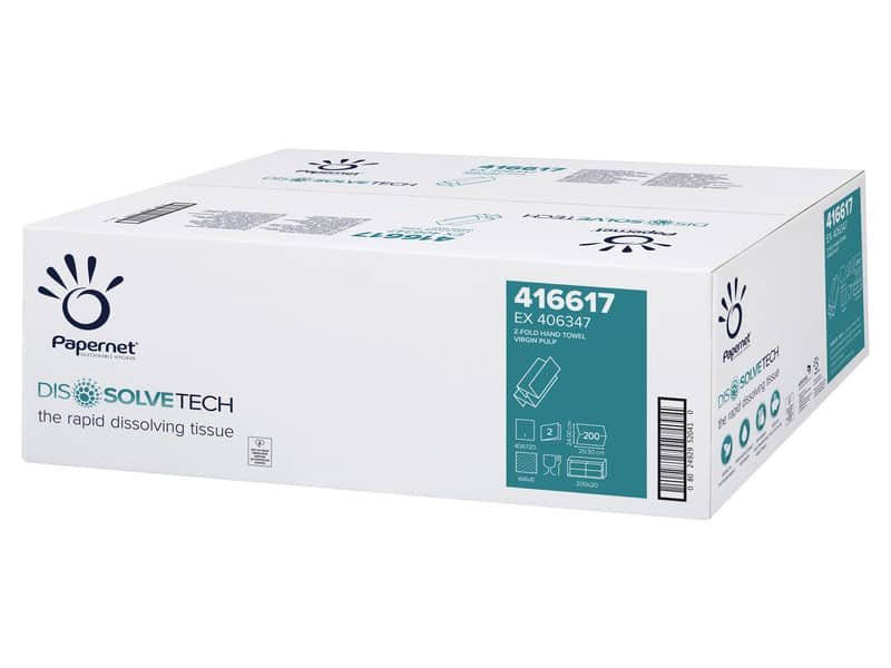 Asciugamani interfogliati piegati a Z Papernet Dissolve Tech – 2 veli 24×20,3 cm Conf. 20 fascette da 200 pz – 416617