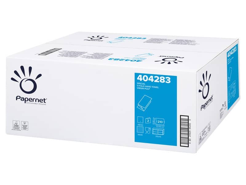 Asciugamani interfogliati piegati a V Papernet 2 veli – 21×22 cm – bianco Conf. 15 fascette da 210 pezzi- 404283
