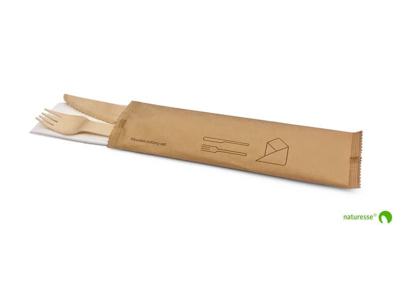 Set posate in legno monouso Scatolificio del Garda forchetta-coltello-tovagliolo avana – Conf. 250 pezzi – 20381