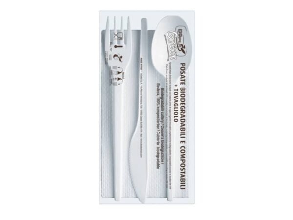 Set forchetta + coltello + cucchiaio + tovagliolo  Dopla Tris ESTABIO - 33x33 cm 2 veli - conf. 100 pz - 3908