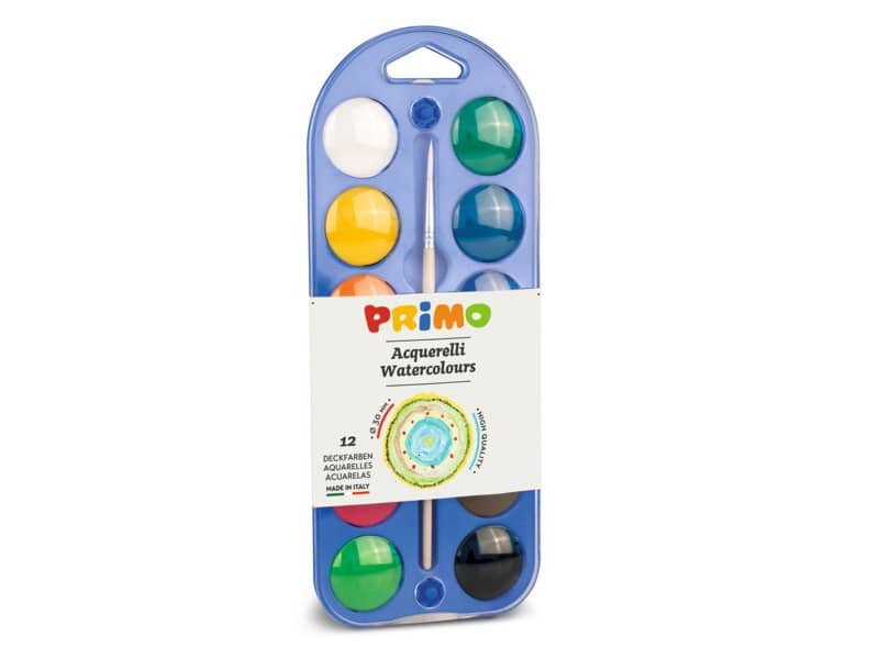 Acquerelli  30 mm Primo – scatola da 12+1 pennello – con coperchio tavolozza assortiti – 107A12A