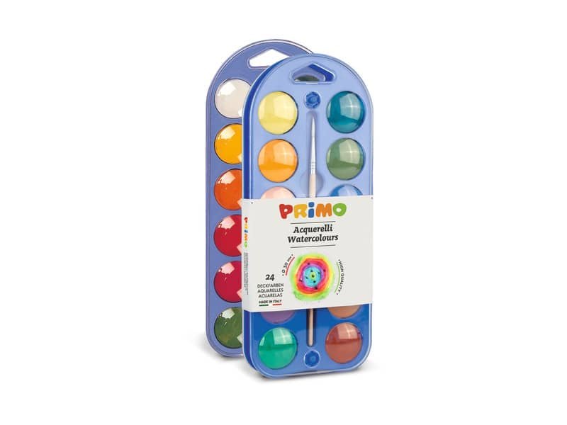 Acquerelli  30 mm Primo – scatola da 24+1 pennello – con coperchio tavolozza assortiti – 108A24A