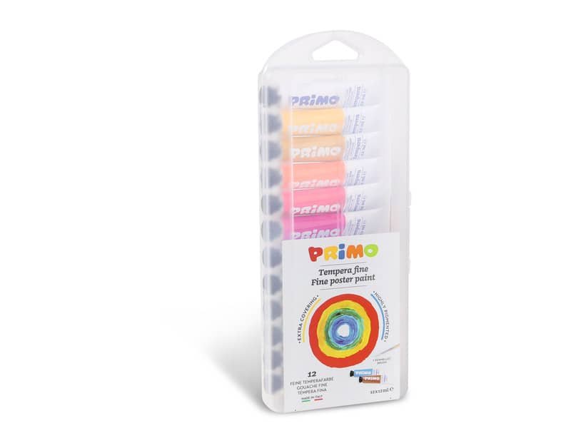 Tempere 12 ml – scatola in polipropilene 12 tubetti + 1 pennello Primo assortiti 448T12AP