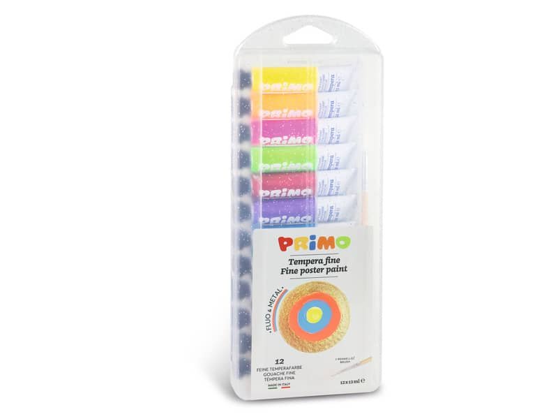 Tempere 12 ml – scatola in polipropilene – 8 tubetti metallizzati, 4 tubetti fluo + 1 pennello Primo assortiti – 450T12FMP