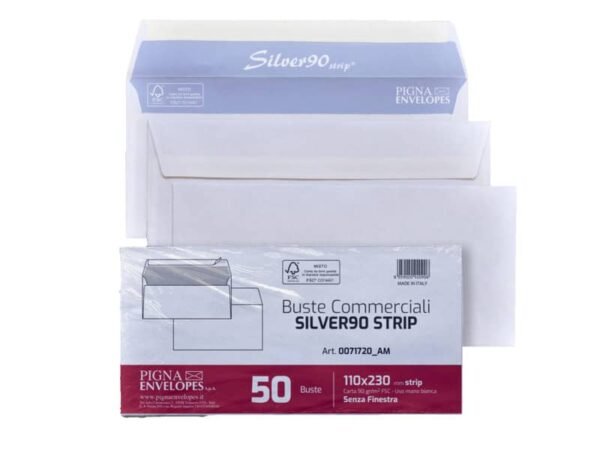 Buste senza finestra Pigna Envelopes Silver90 Strip 90gr/mq taglio quadro bianche 11x23cm - Conf. 50 pz 0071720