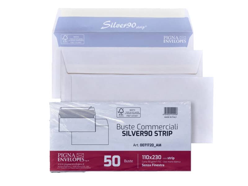 Buste senza finestra Pigna Envelopes Silver90 Strip 90gr/mq taglio quadro bianche 11x23cm – Conf. 50 pz 0071720