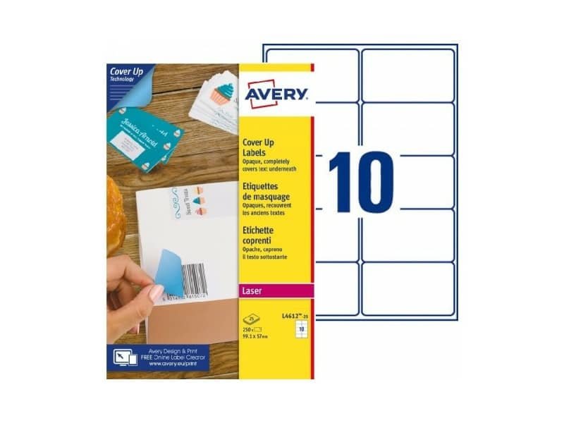Etichette bianche coprenti Avery BlockOUT? 99,1×57 mm – 10 et/foglio – stampanti laser – conf. 25 ff – L4612-25