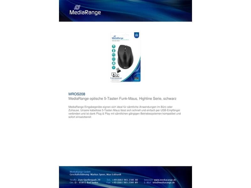 Mouse ottico Media Range 5 pulsanti, serie highline, wireless 1600 dpi nero MROS208