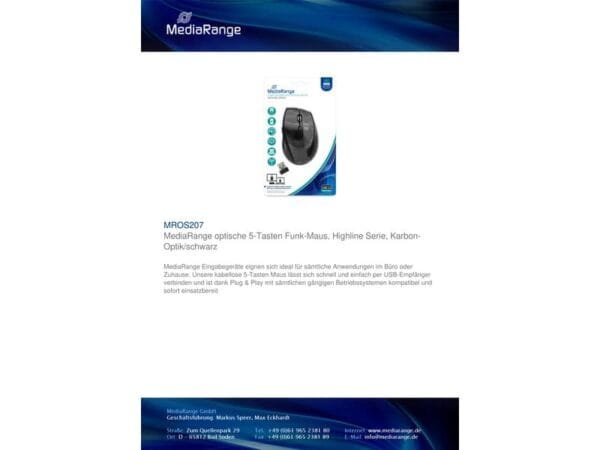 Mouse ottico Media Range 5 pulsanti, serie highline, wireless 1600 dpi carbonio/nero - MROS207