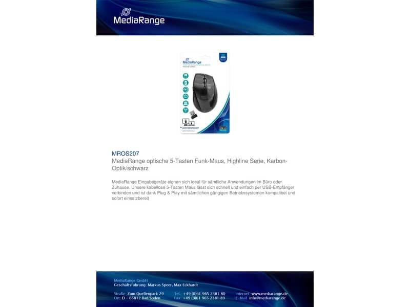 Mouse ottico Media Range 5 pulsanti, serie highline, wireless 1600 dpi carbonio/nero – MROS207
