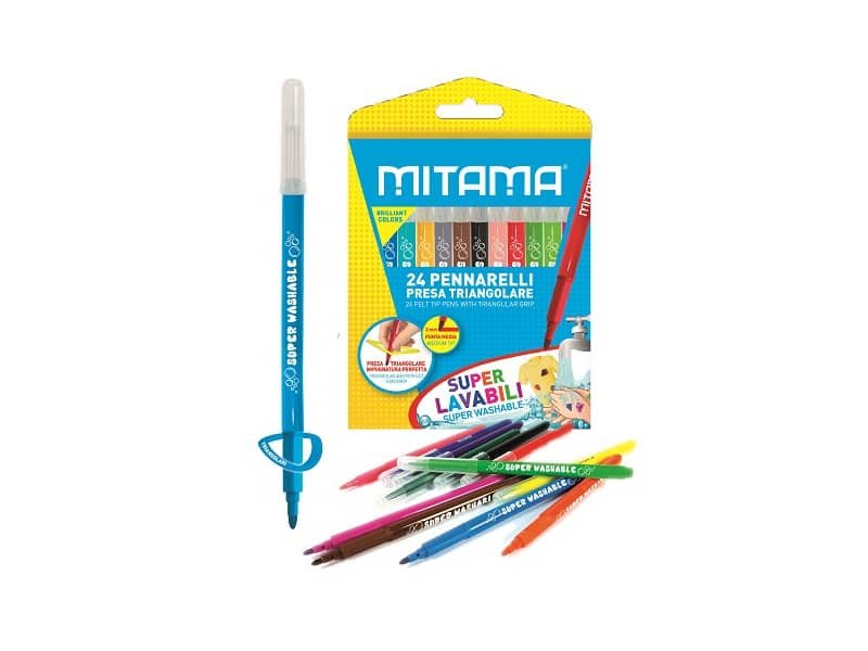 Pennarelli Mitama Super Lavabili fusto triangolare – Punta fine 3 mm – colori assortiti – conf. 24 pezzi 61996