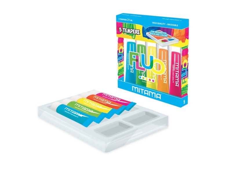 Tempera Mitama Pi— Lavabile – colori fluo assortiti – conf. 5 tubetti da 21 ml – 62869