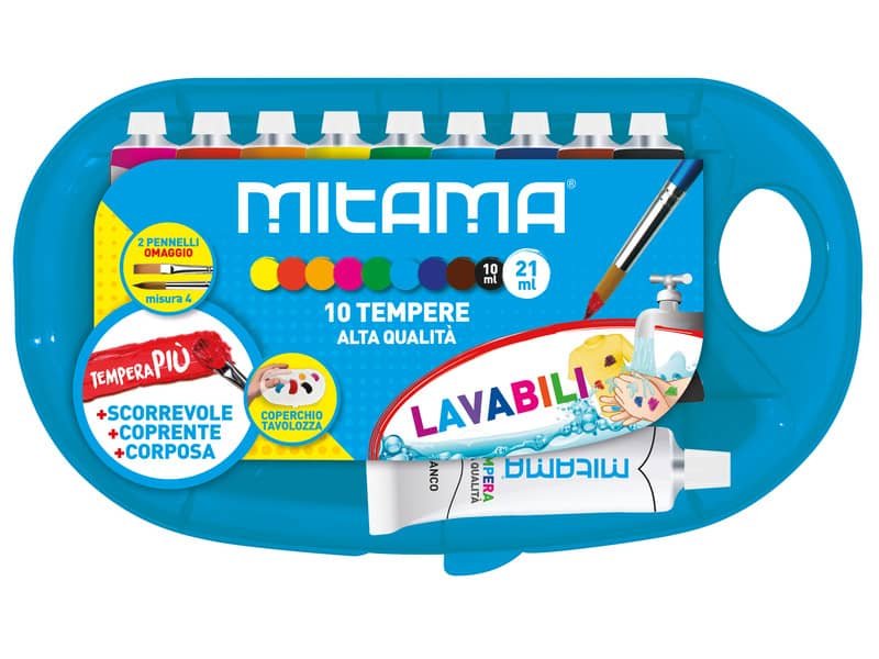Tempera Mitama Pi— Superlavabile con tavolozza – 9 tubi da 10 ml assortiti + 1 tubo bianco 21 ml + 2 pennelli 61930
