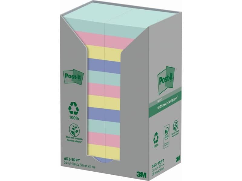 Foglietti Post-it© Notes in carta riciclata assortiti pastello conf. Torre da 24 blocchetti da 100 ff – 653-1RPT-N
