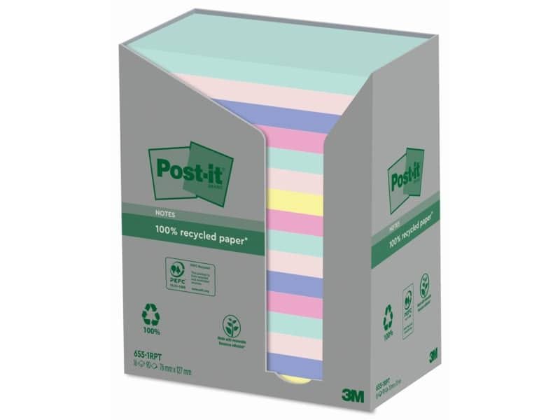 Foglietti Post-it© Notes 76×127 mm carta riciclata assortiti conf. torre da 16 blocchetti da 100 ff – 655-1RPT