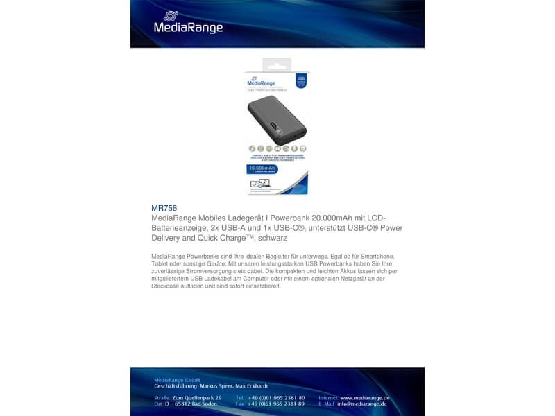 Powerbank 20.000 mAh 2x USB-A e 1x USB-C Media Range nero MR756