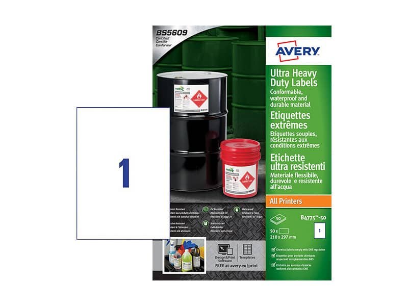 Etichette in Teslin bianco Avery Laser/Inkjet 1 et./foglio 210×297 mm conf. 50 fogli – B4775-50