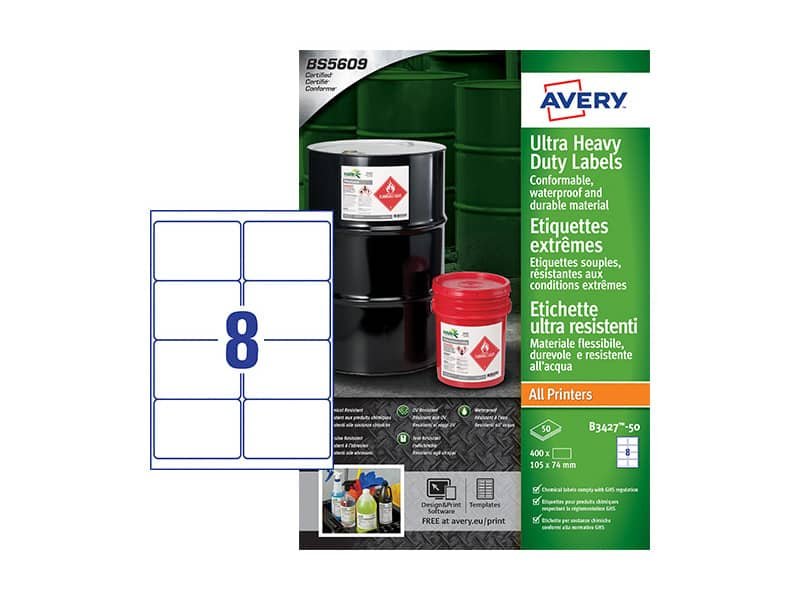 Etichette in Teslin bianco Avery Laser/Inkjet 8 et./foglio 105×74 mm conf. 50 fogli – B3427-50