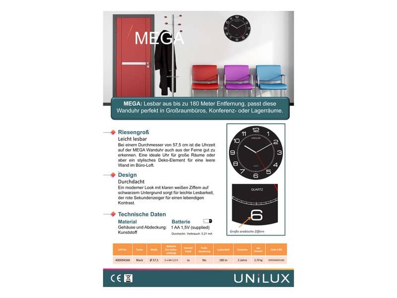 Orologio da parete al quarzo UNILUX Mega  57,5 cm nero 400094568