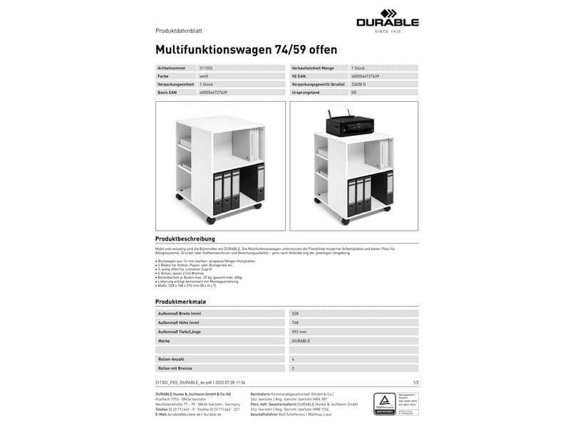 Mobiletto multifunzione 74/59 aperto Durable 3113-02