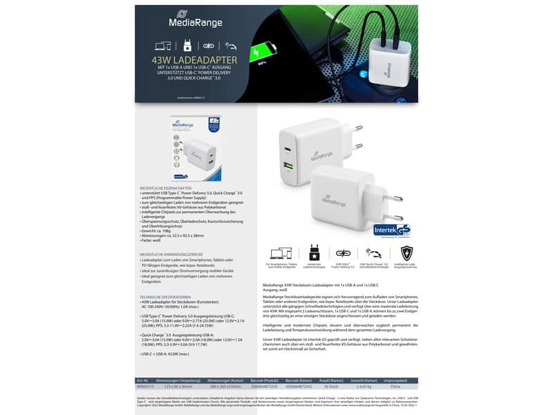 Caricabatterie rapido 43W con uscita USB-A e USB-C Media Range bianco MRMA113