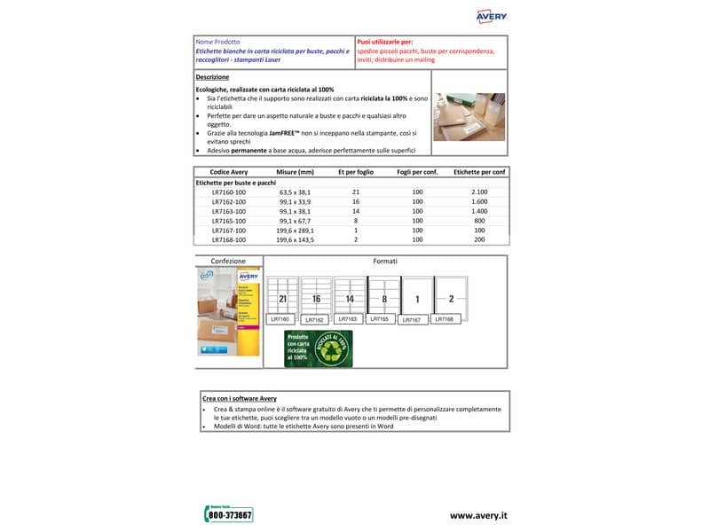 Etichette in carta riciclata bianca per buste e pacchi Avery 99,1×67,7 mm – 8 et/foglio – Laser cf. 100 ff LR7165-100