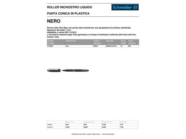 Penna roller Schneider One Sign Pen - punta 1 mm - tratto 0,8 mm - nero P183601
