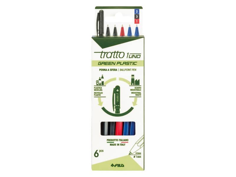Penna a sfera Tratto 1 Green Plastic – conf. 6 pezzi in 3 colori assortiti – F04010000