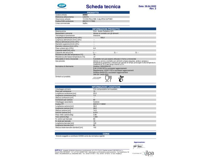 Coltelli  in PLA cristallizzato bio – conf.15 pz bianchi IlipBio 4,4 gr 80968